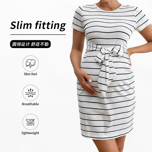 Cross-border European and American-style new autumn maternity dress—striped, waist-defined, with tie and bow—casual and fashionable maternity dress.