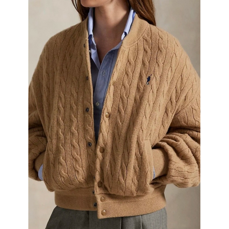 Rl/Ralph Autumn and Winter Women's Retro Loose-Fitting Cable-Knit Bomber Jacket Knit Sweater Coat Sheep Wool