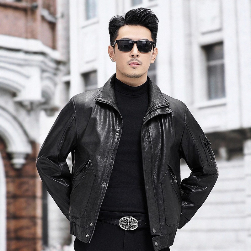 Haining New Genuine Leather Jacket Men's Stand-Up Lapel Casual Leather Jacket Short First-Layer Cowhide Thin Leather Jacket Haining New Genuine Leather Jacket Men's Stand-Up Lapel Casual Leather Jacket Short First-Layer Cowhide Thin Leather Jacket