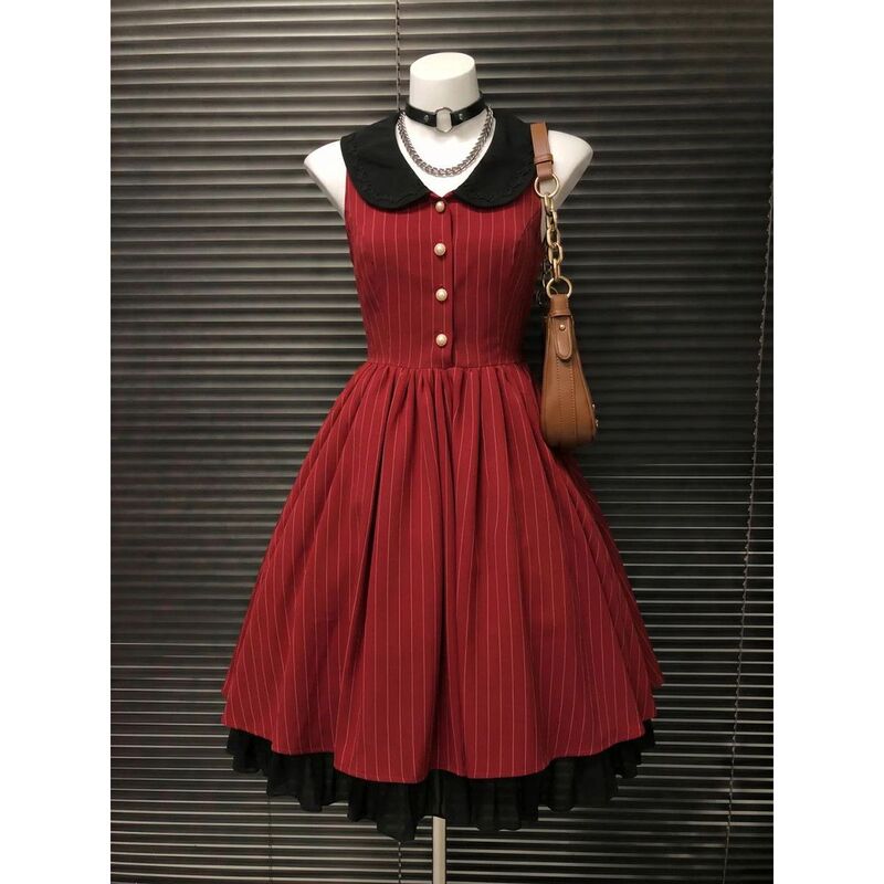 In-Stock Vintage Doll Collar Striped Dress, Summer Design, Niche Retro Style, Waist-Cinching Slimming Dress