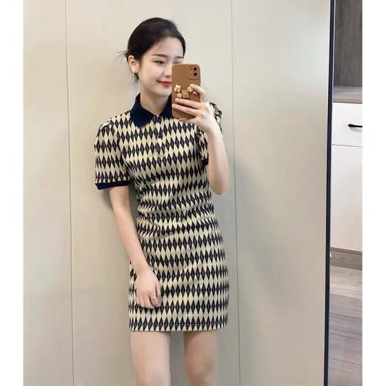 French Style Polo Collar Rhombic dress Women's Summer 2025 New Vintage Niche Design Slim-fit Short Skirt