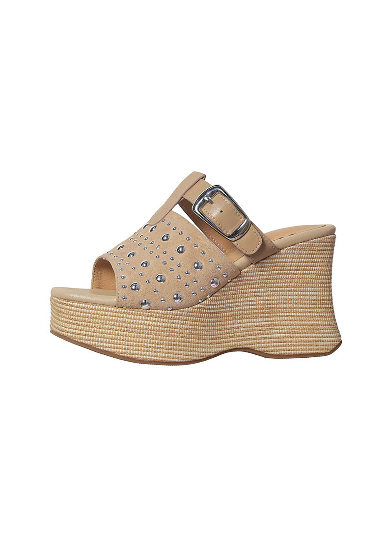 Sandal đế xuồng cao gót 9 cm da bò đinh tán quai ngang mũi hở phong cách boho — màu nâu, màu mơ chi tiết 17