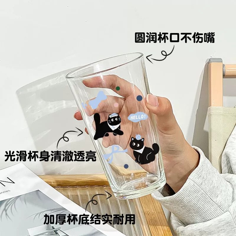 小猫玻璃杯子带吸管简约透明可爱水杯带盖高颜值女生日礼物礼品杯|undefined