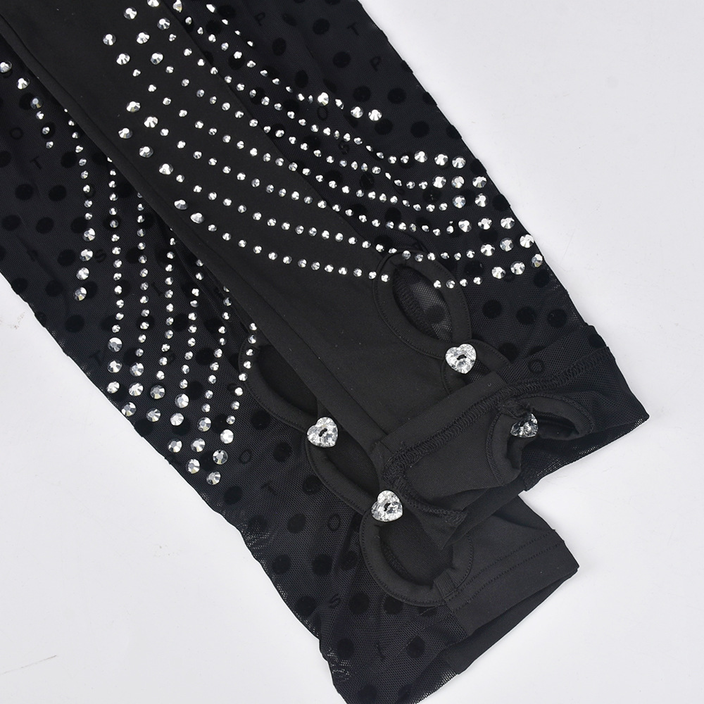 Women Sleeveless Mesh Rhinestone Zipper Hollow Out Cutout Crew Neck Flocking Jumpsuit
