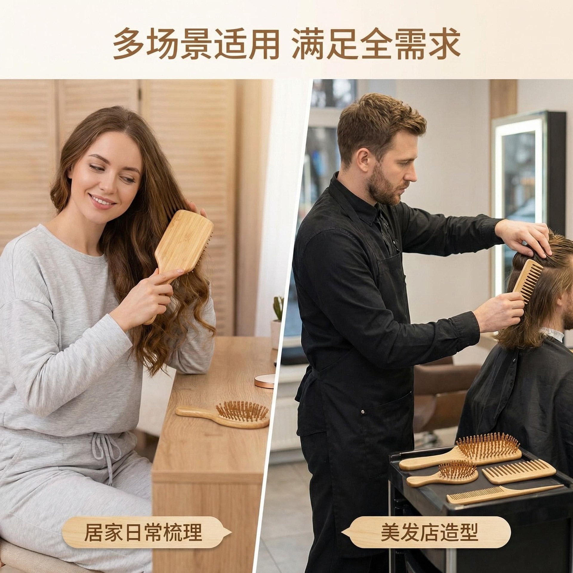 Natural Bamboo Air Cushion Hair Brush Set Wide Tooth Rat Tail Comb Anti Static Scalp Massage 20cm+ in use
