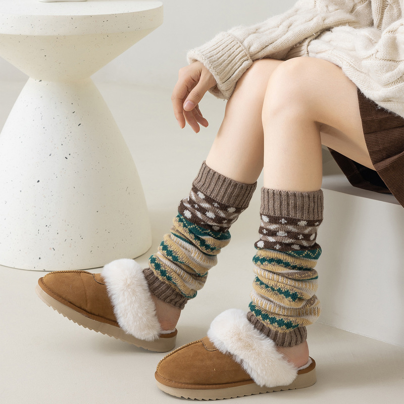 Vintage Wool Striped Leg Stacked Socks Women's Autumn and Winter Warm Knitted Leg Socks Ankle Socks Boot Cover