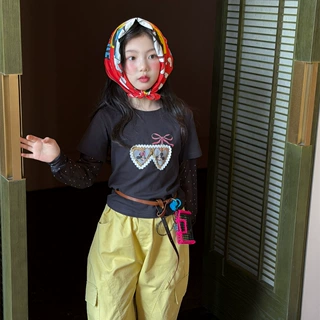 花与寻童装女童打底衫2026年春款韩版米奇印花休闲假两件长袖T潮