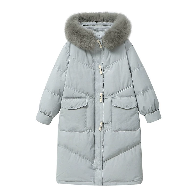 Long down jacket with hood, duck down