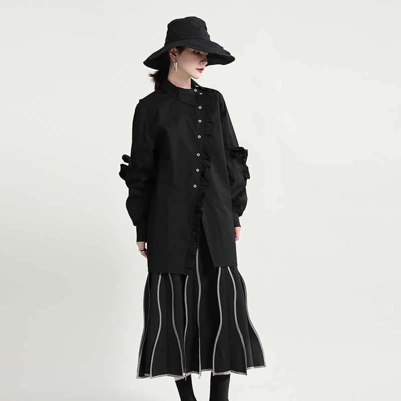Zhongchuang 2025 春の新フリル長袖シャツ改良された中国風の非対称襟ミッドレングスシャツ女性のための