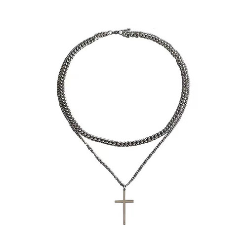 Titanium steel double cross necklace for men trendy dance hip-hop for women individual versatile sweatshirt accessory
