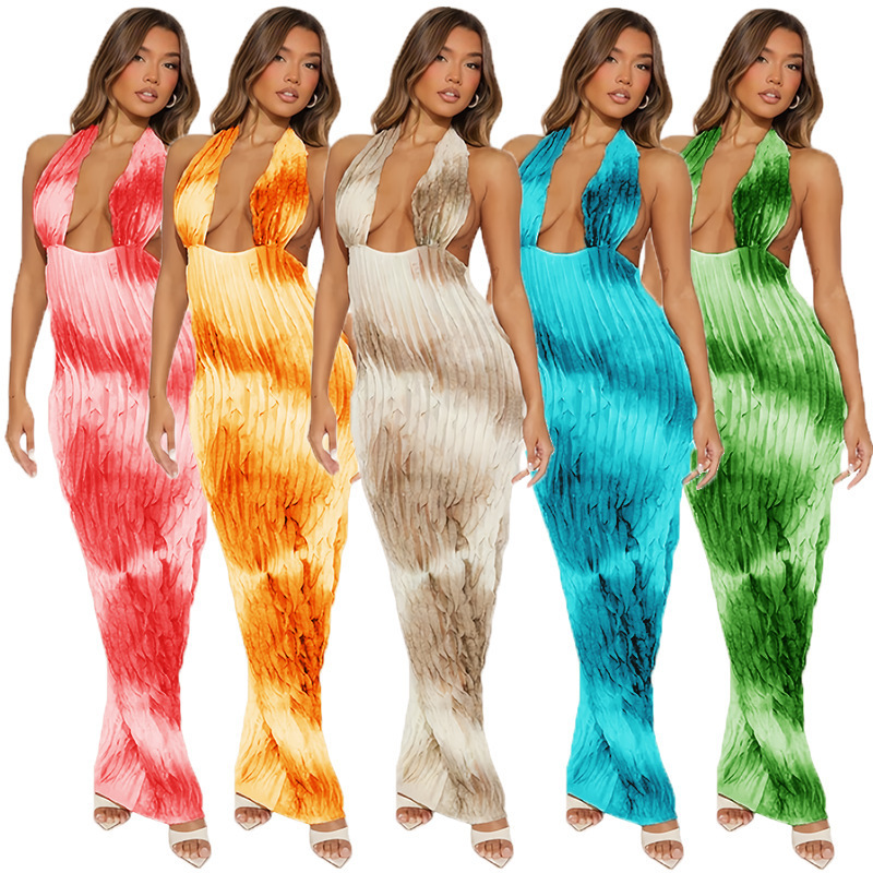 European and American Cross-Border Women's New Dress Tie-Dye Small Louver Halter Sexy Fashion Dress Long Dress Foreign Trade Hot Style
