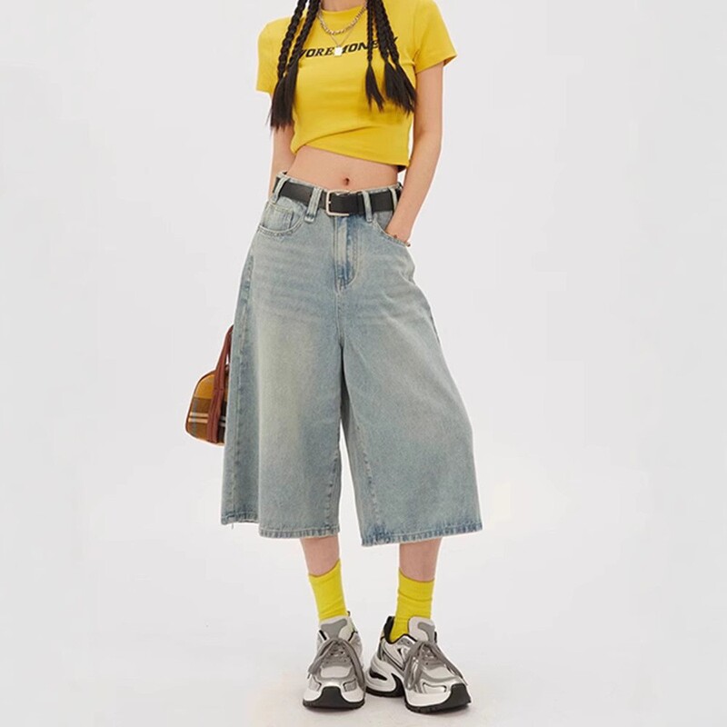 Wide-Leg Cropped Denim Shorts for Women 2025 Summer Thin Retro High-Waisted Loose Slimming Straight Mid-Length Pants