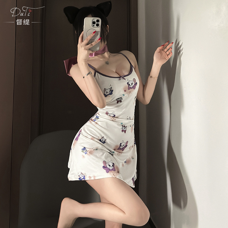 Xianyi Women's Summer Pajamas Pure Desire Hot Girl Thin Deep V-Neck Strap Cat Print Nightdress High-End Homewear 220