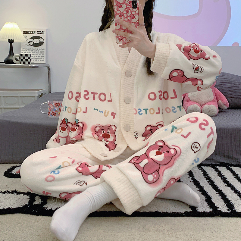 일본식 INS 산호 양털 파자마 여성의 겨울 긴팔 기모 두꺼운 따뜻한 플란넬 플러스 사이즈 가을과 겨울 홈 옷