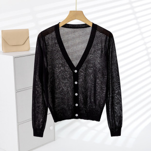 Ice Silk Knitted Sun Protection Cardigan for Women in Summer, Thin Style with Suspender Skirt, Large Size Loose Black Shawl Top