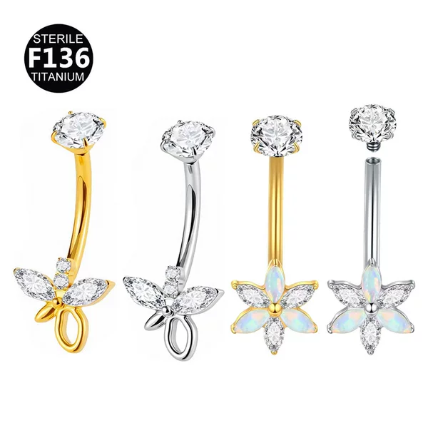 F136 Titanium Alloy Navel Piercing Flower Butterfly Design with 5A Zircon Internal Thread Navel Ring Piercing Jewelry