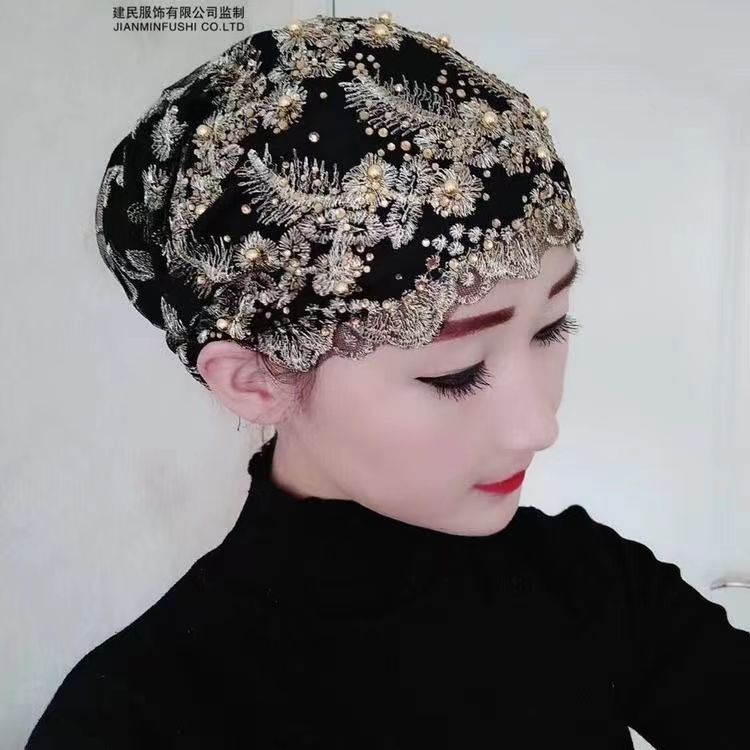 새로운 모자, 깃털 자수 모자, 거즈 스카프, 인기 패션 헤드스카프, 히잡, 헤드커버, 바오터우 모자