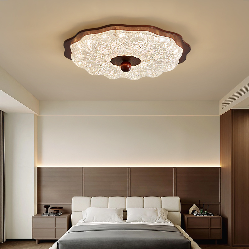 Lámpara de dormitorio, lámpara de techo, lámpara de flor de resina de estilo antiguo, sensación moderna de alta gama, grano de madera de nogal, habitación de protección ocular de lujo ligero