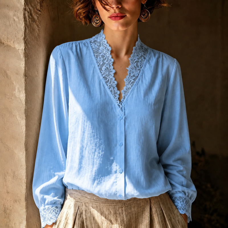 Foreign Trade Cross-Border Amazon Women's Clothing 2026 New French V-Neck Fashion Lace Patchwork Office Commuting Long-Sleeve Shirt