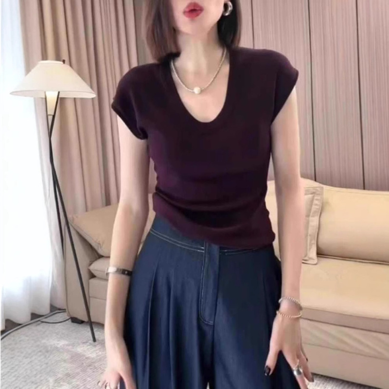 Ice Silk Shoulder dark purple Slim-fit Short-sleeved T-shirt Women's Summer Explosions Solid Color Simple U-collar Flying Sleeve Top