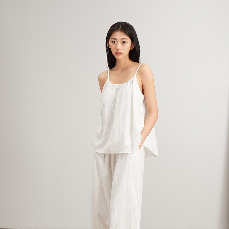 [Aegean Sea] Cotton Vacation Sling Trousers Jacquard Bubble Cotton Double-Layer Pajamas Women's Spring and Summer Home Clothes Set