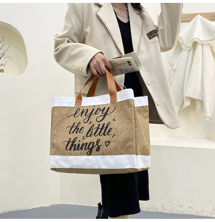 360g Weight Open Closure Type Top Handle Strap Type Tote Bag Bags Type Casual, Daily Occasion cotton and linen Material Letter Pattern All Seasons Season Women's Gender Basic, Classic Style Style Square Shape Large Size Women's Large Cotton And Linen Letter Basic Classic Style Square Open Tote Bag 12