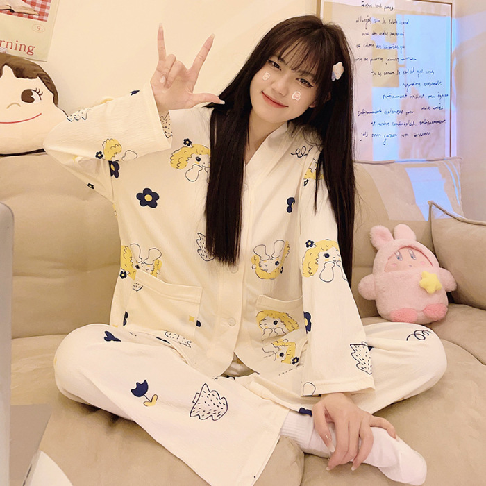 Sweet Girl pijamas mujeres de punto algodón ruffle Otoño Invierno manga larga pantalones y cuello cardigan inicio desgaste traje casual