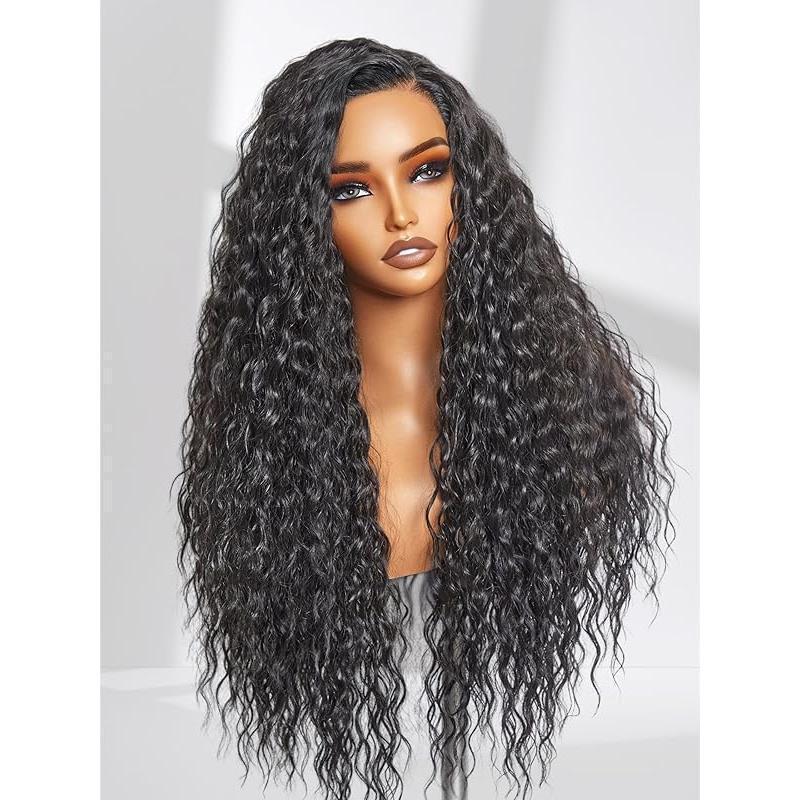 Hand-Woven Black Long Curly Hair Ocean Wave Lace Front Wig Synthetic Natural Black Long Wig