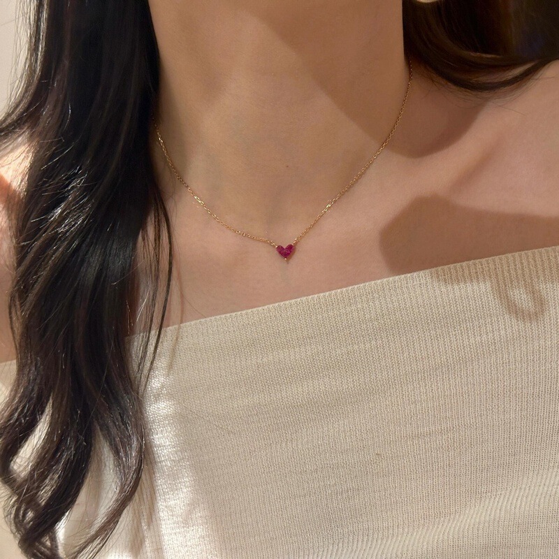 Sweet Mini Rose Red Zircon Heart Necklace for Women's Daily Work Clothing High-Looking Heart-Shaped Peach Heart Pendant Clavicle Chain