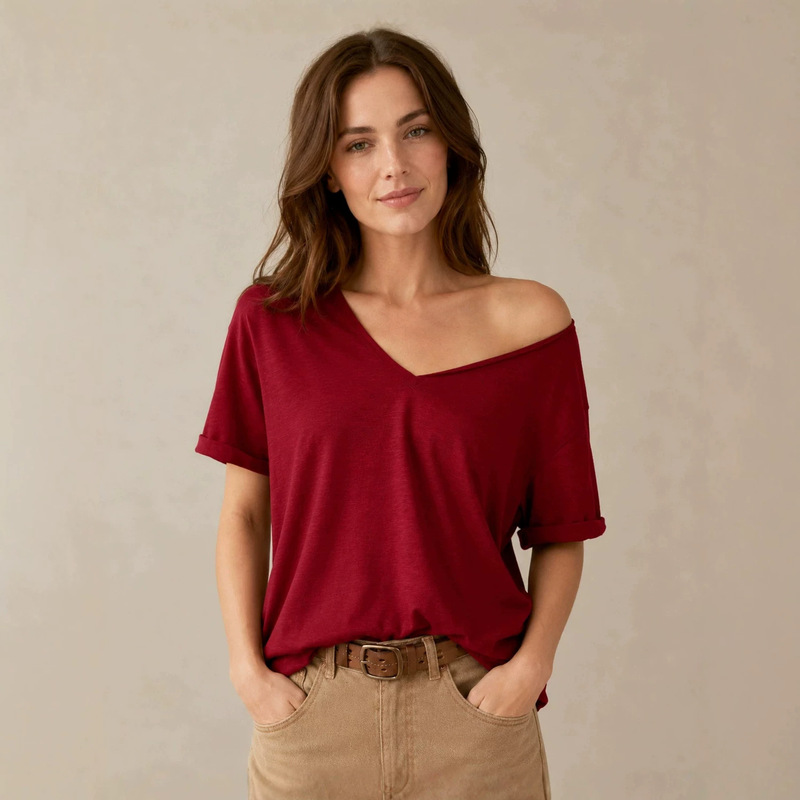 Jingwei Smart Chain |    French Romantic Dark Red Large V-Neck Short-Sleeved T-Shirt for Women Bamboo Cotton Rolled-Edge Sleeves Loose Fit Shein