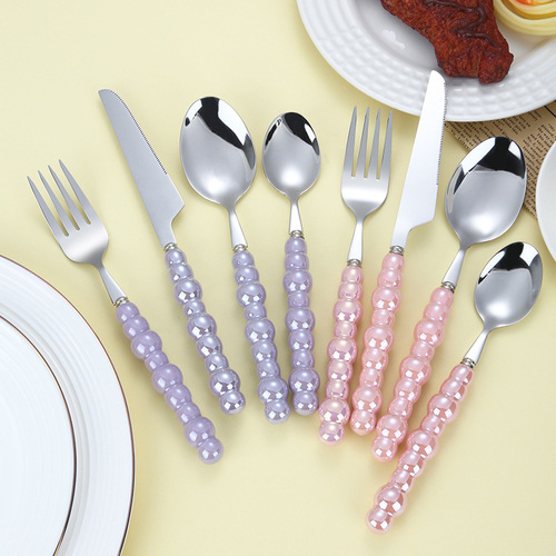 Light luxury 304 stainless steel knife, fork and spoon, creative pearl ceramic handle tableware, Western steak knife, fork, dessert spoon