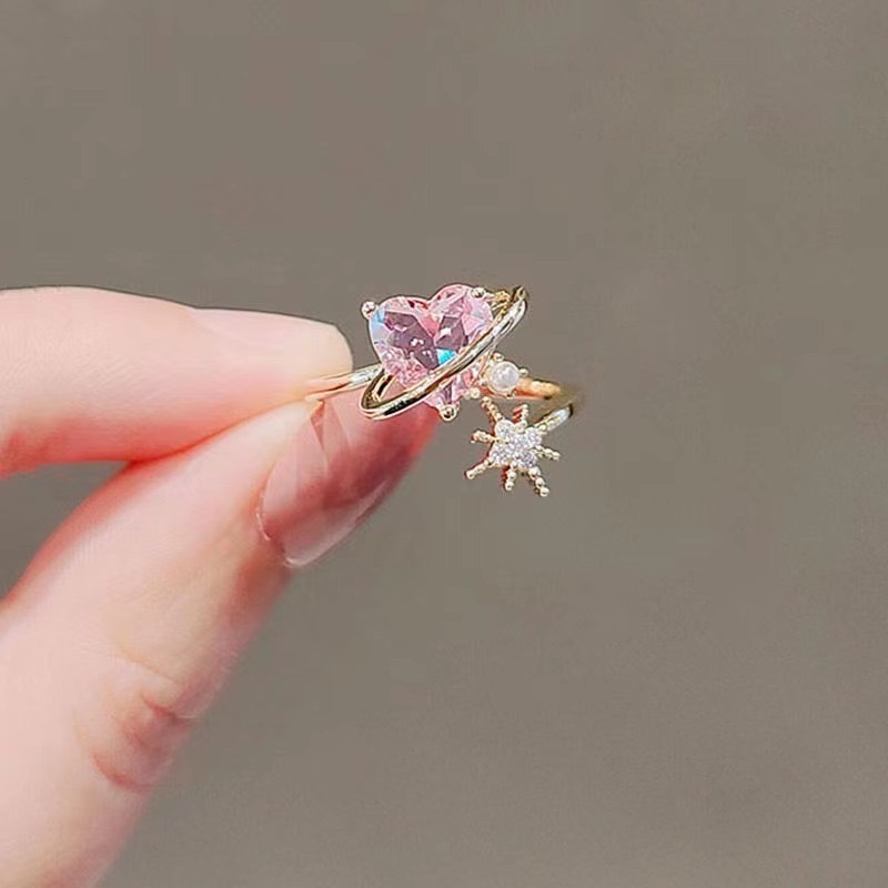 Japanese Style Cute Heart Pink Zircon Ring for Women, High-End, Elegant, Accessible Luxury, Niche, Sweet Girl Open Index Finger Ring
