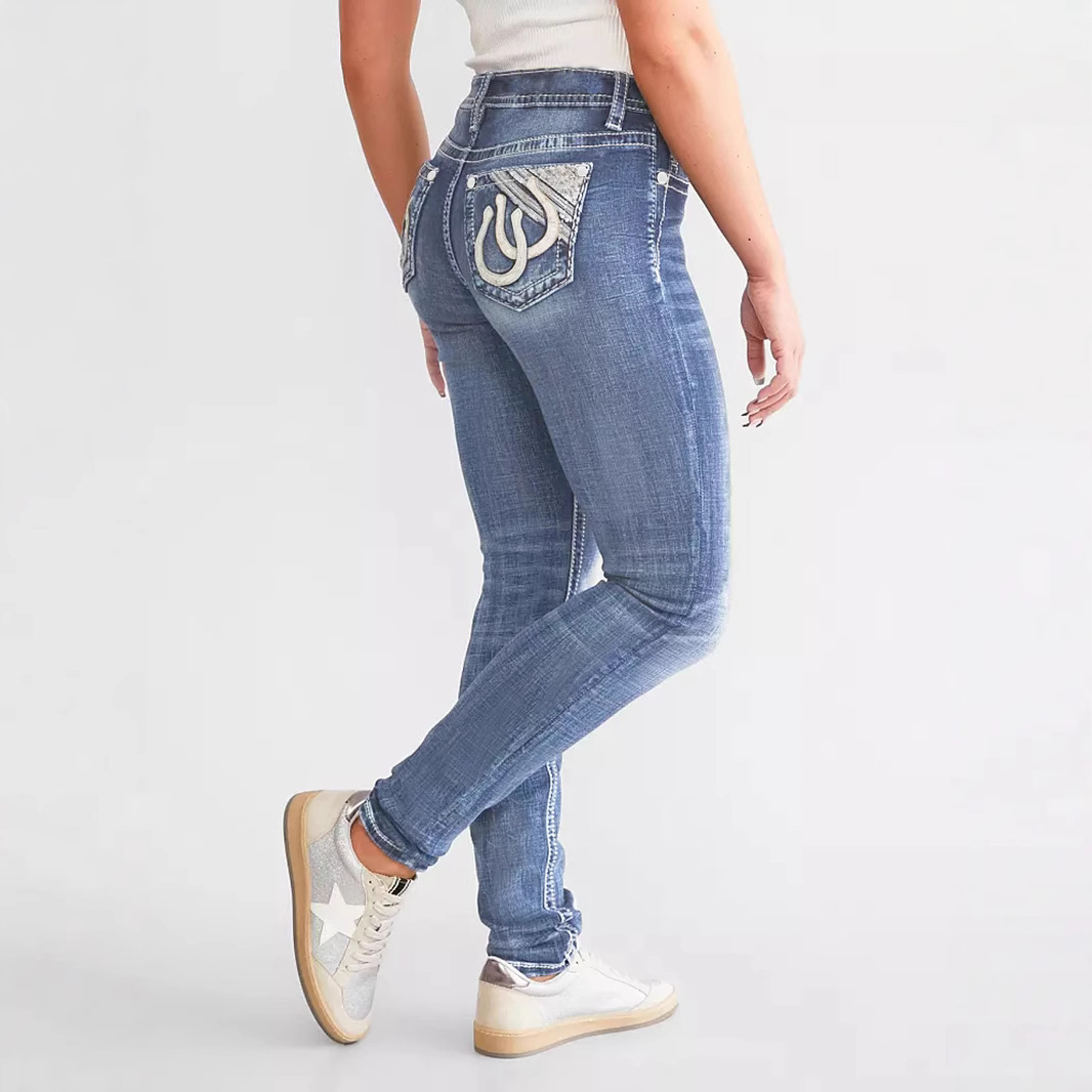 Women's Slim Fit Embroidered Jeans - Stretch Denim Pants With Floral Stitching (Blue, Sizes S-Xxl) Breathable Cotton Blend_ecoleips.com