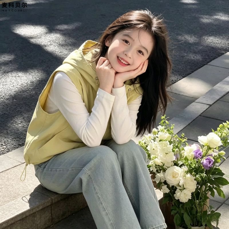 马甲外套女小童外穿春秋新款韩版宽松无袖连帽坎肩上衣潮