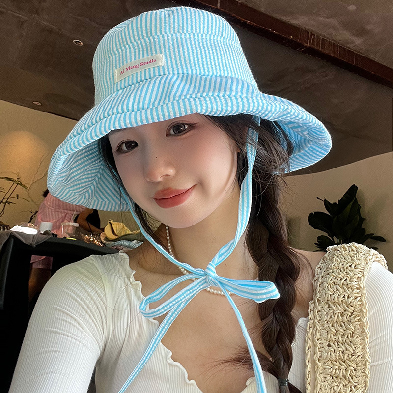 Girl honey coreano pequeño sombrero de pescador a rayas frescas para mujeres de verano 2024 nuevo sombrero solar pequeño para mostrar la cara