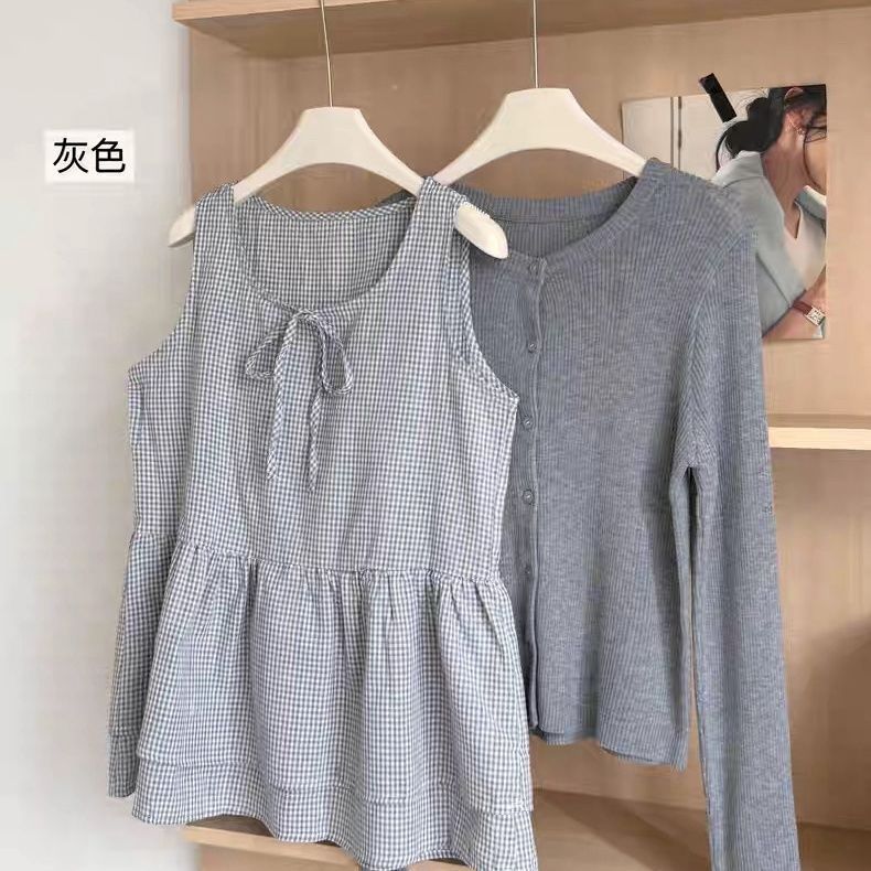 秋季套装女2025新款韩系爆款甜美风叠穿开衫格纹荷叶边上衣两件套|undefined