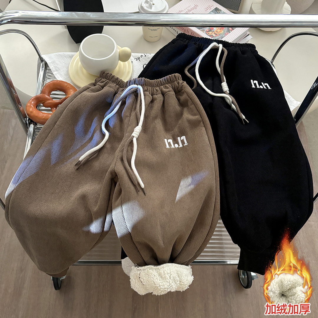 儿童加绒裤冬季男女童保暖裤加厚卫裤经典刺绣中大童休闲洋气长裤