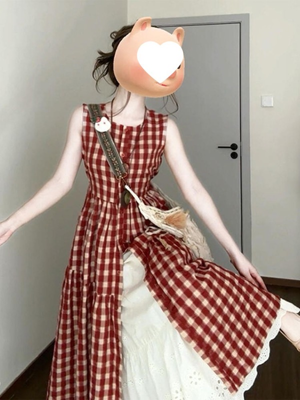 厂家法式复古小个子新款子女无袖长裙夏季气质收腰红色格子连衣裙|undefined