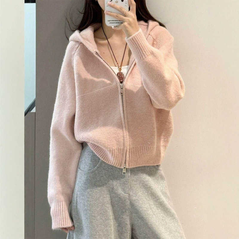 Korean-style casual wavy-patterned double-zipper hooded sweater coat for women, loose-fitting and slimming, suitable for spring and autumn, knitted cardigan top Korean-style casual wavy-patterned double-zipper hooded sweater coat for women, loose-fitting and slimming, suitable for spring and autumn, knitted cardigan top