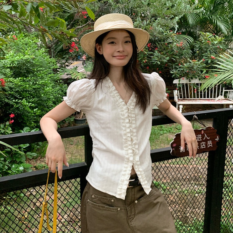 Zm Original Style! Women's Summer Shirt with Unique Lace Design, Super Stylish, Can Be Worn Alone, French-Style Puff Sleeves Zm Original Style! Women's Summer Shirt with Unique Lace Design, Super Stylish, Can Be Worn Alone, French-Style Puff Sleeves