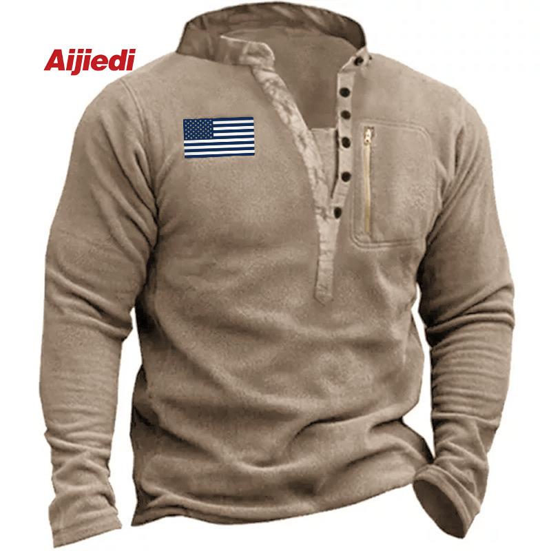 Foreign Trade Men's Wear Men's Sweat Training Cross-border Tactical Men's Long-sleeved V-neck Warm Pullover Sweat Fleece Buckle