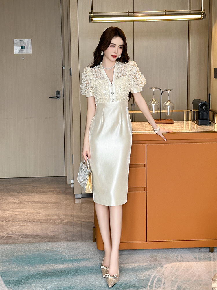 Đầm nữ thiết kế cổ chữ V tay phồng thắt eo giả hai mảnh phong cách Chanel — Màu xanh xám