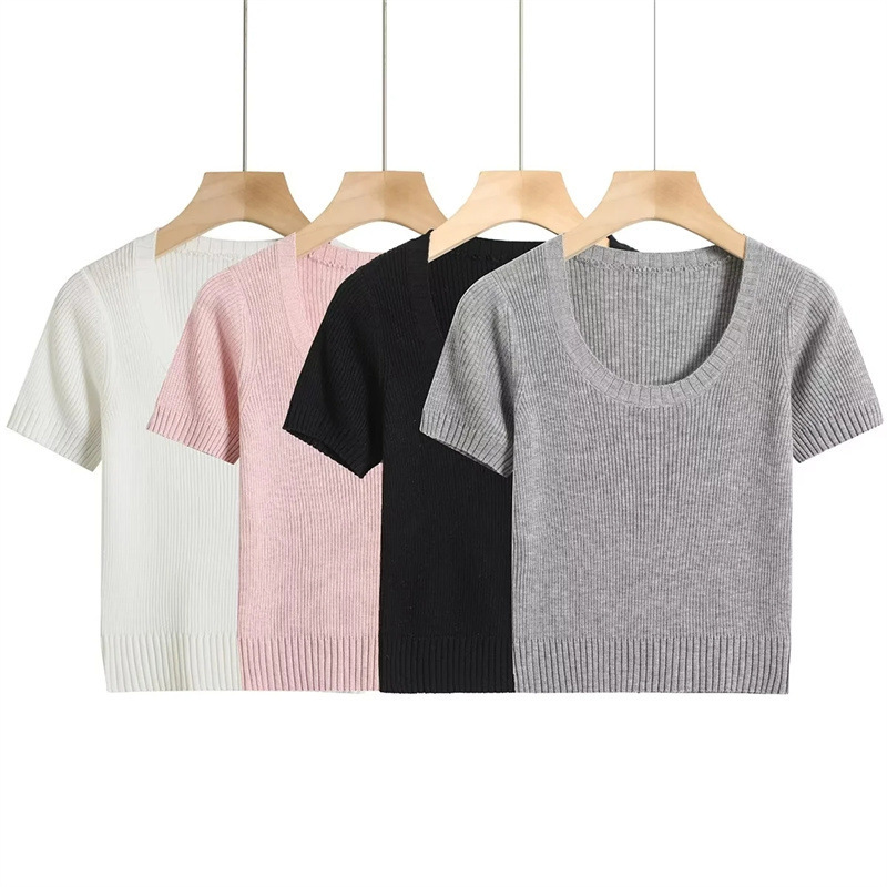 Base fashionable knitted summer fitted short short sleeve T-shirt