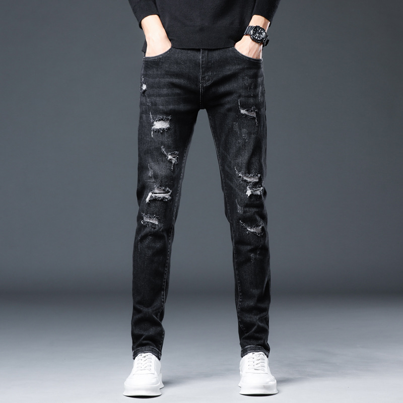 Xintang nuevo rasgado bordado jeans de estilo coreano de los hombres de moda estiramiento adelgazante Delgado casual pequeños pies pantalones largos hombres