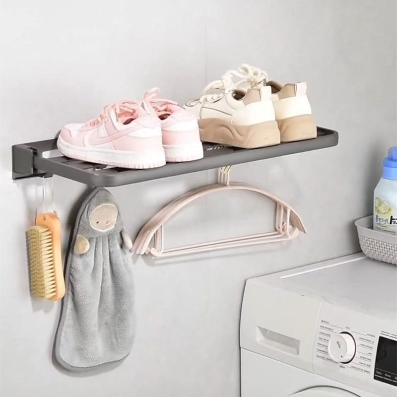 Estante de baño sin perforación de aluminio, plegable con ganchos