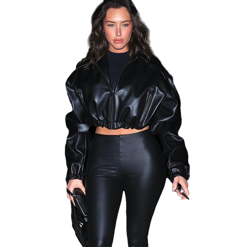 Trendy Faux Leather Hooded Cropped Jacket For Women - Streetwear Biker Style Zippered Long Sleeve Top_ecoleips.com