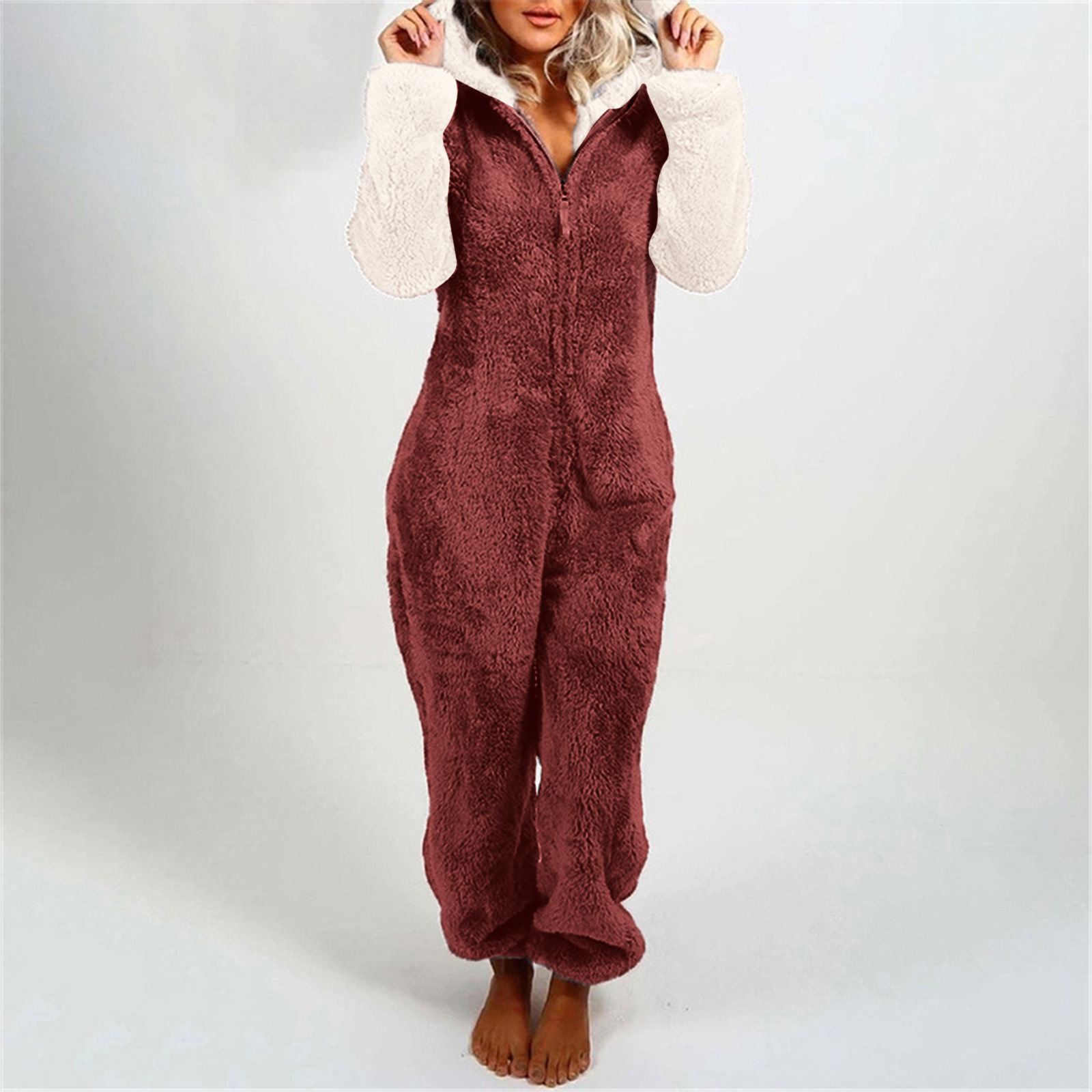 2022 europeo y americano Amazon otoño e invierno nuevo Mono de mujer color sólido con capucha SLIM-Fit mono de felpa de manga larga