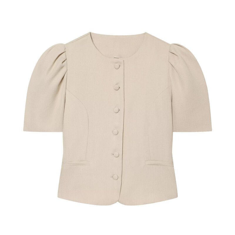 Amazon Wholesale New Summer Women's Versatile Solid Color Round Neck Puff Short-Sleeve Slim-Fit Blazer 2856761