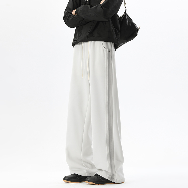 Black Curved Hem Air-layer Drawstring Sweatp For Men, Spring Cleanfit High Street Patchwork Striped Retro Wide-leg_voghion.com
