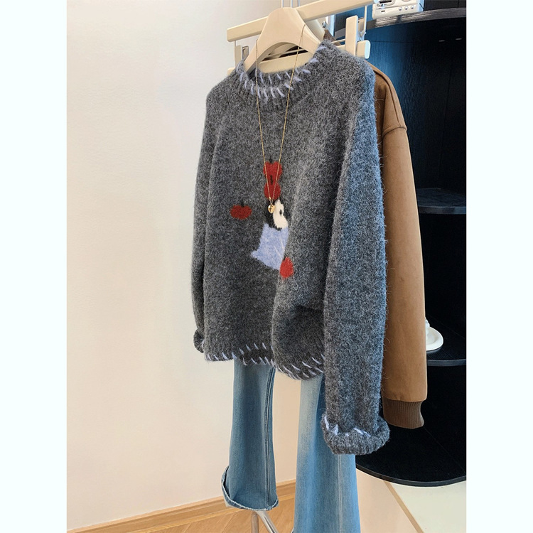 Gray Round Neck Pullover Jacquard Penguin Casual Korean Soft Waxy Sweater for Women in Autumn and Winter for Small People to Wear as a Base Layer Top